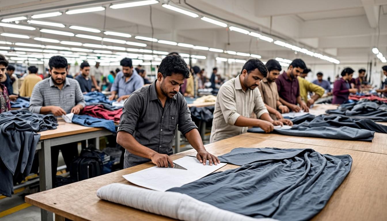 Pakistani men workers cutting fabric